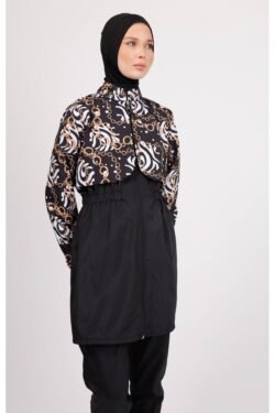 Vera Zincir Desenli Tesettür Mayo Takımı – 4'lü Paraşüt Pantolonlu Set (Boneli)