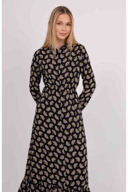 Siyah Zemin Çiçek Desenli Beli Lastikli Gömlek Yaka Elbise