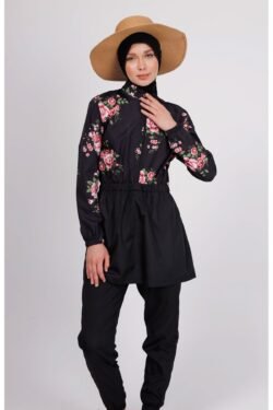 Sore Çiçek Desenli Tesettür Mayo Takımı (Üst + Pantolon + Çanta) – 3’lü Paraşüt Pantolonlu Set