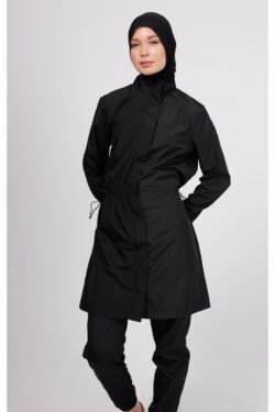 Nua Düz Siyah Desenli Tesettür Mayo Takımı – 4'lü Paraşüt Pantolonlu Set (Boneli)