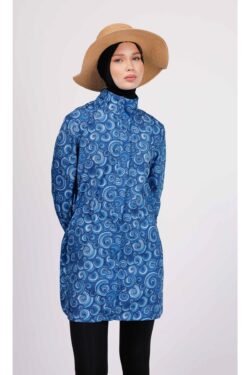 Nua Mavi Spiral Tesettür Mayo Takımı (Üst + Tayt + Çanta) – 3’lü Taytlı Set