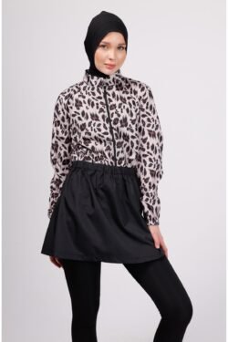 Sore Leopar Desenli Tesettür Mayo Takımı – 4'lü Taytlı Set (BONELİ)