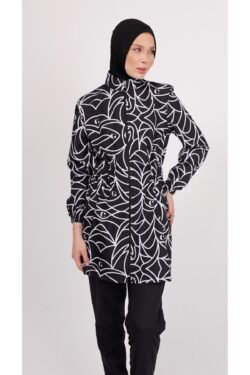 Nuu Geometrik Desenli Tesettür Mayo Takımı – 4'lü Paraşüt Pantolonlu Set (Boneli)