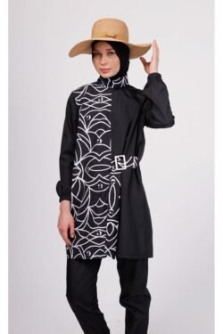 Juno Geometrik Desenli Tesettür Mayo Takımı (Üst + Pantolon + Çanta) – 3’lü Paraşüt Pantolonlu Set