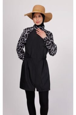 Mira Geometrik Desenli Tesettür Mayo Takımı (Üst + Tayt + Çanta) – 3’lü Taytlı Set